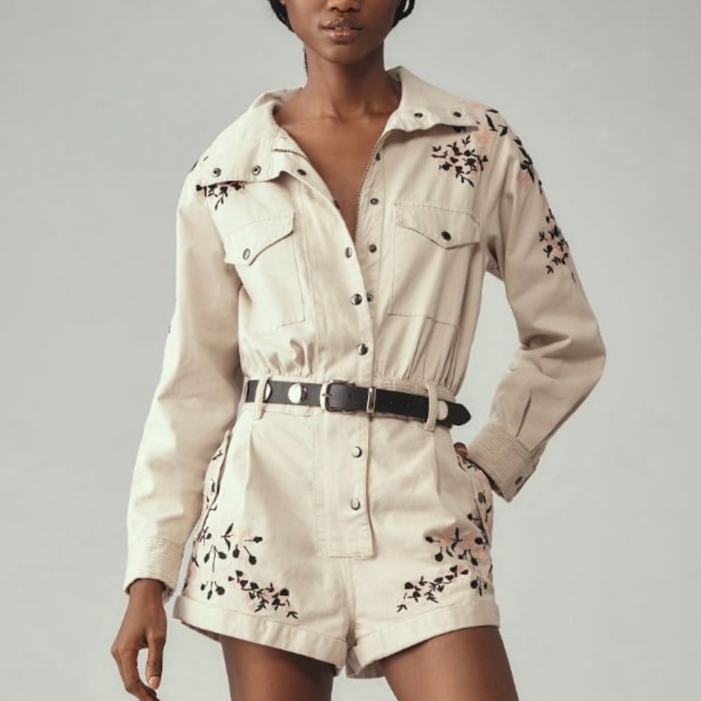 *RARE* Anthropologie Embroidered Utility Romper